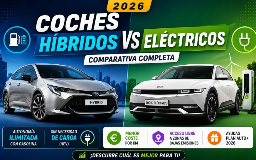 Comparativa de coches híbridos vs eléctricos 2026: autonomía, costes, ayudas Plan Auto+ y acceso a ZBE
