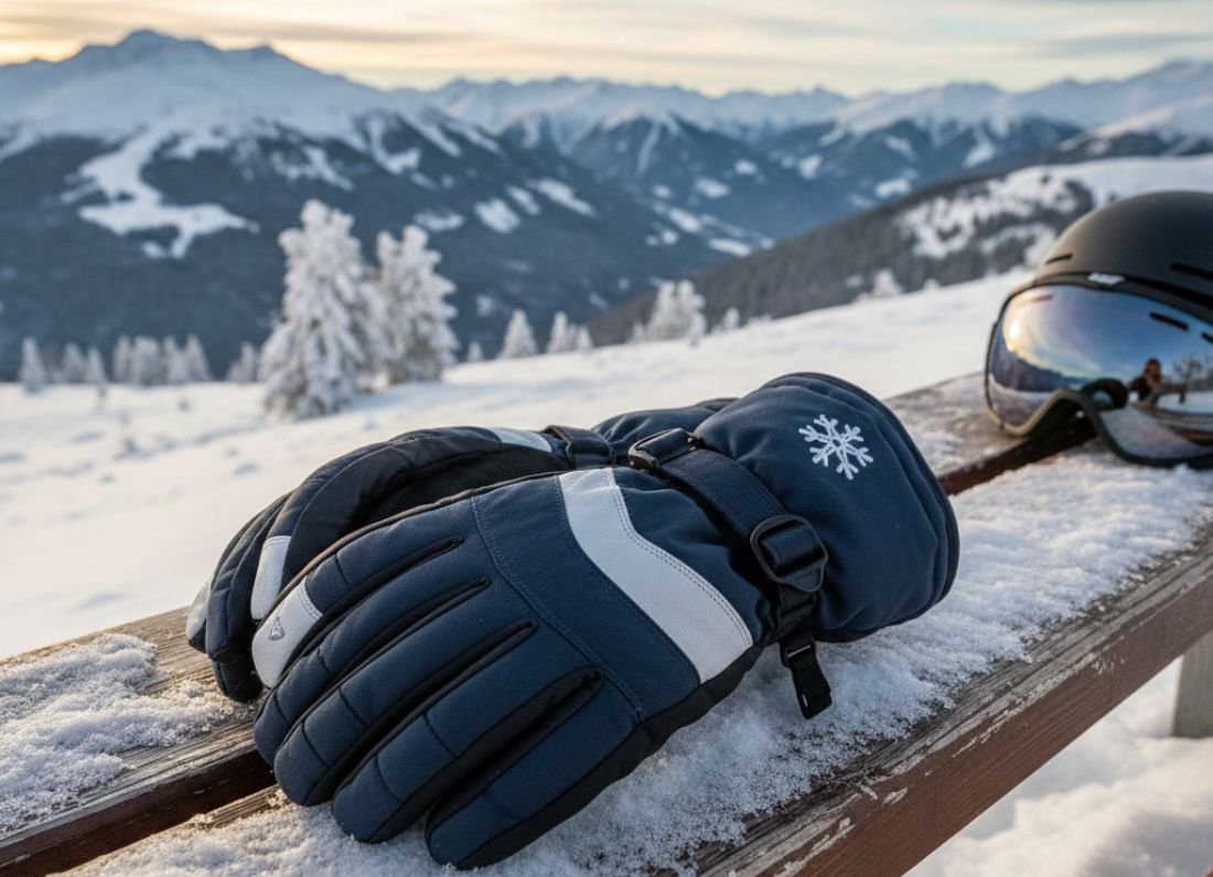 Guantes de esquí sobre una barandilla nevada con montañas al fondo y gafas de esquí