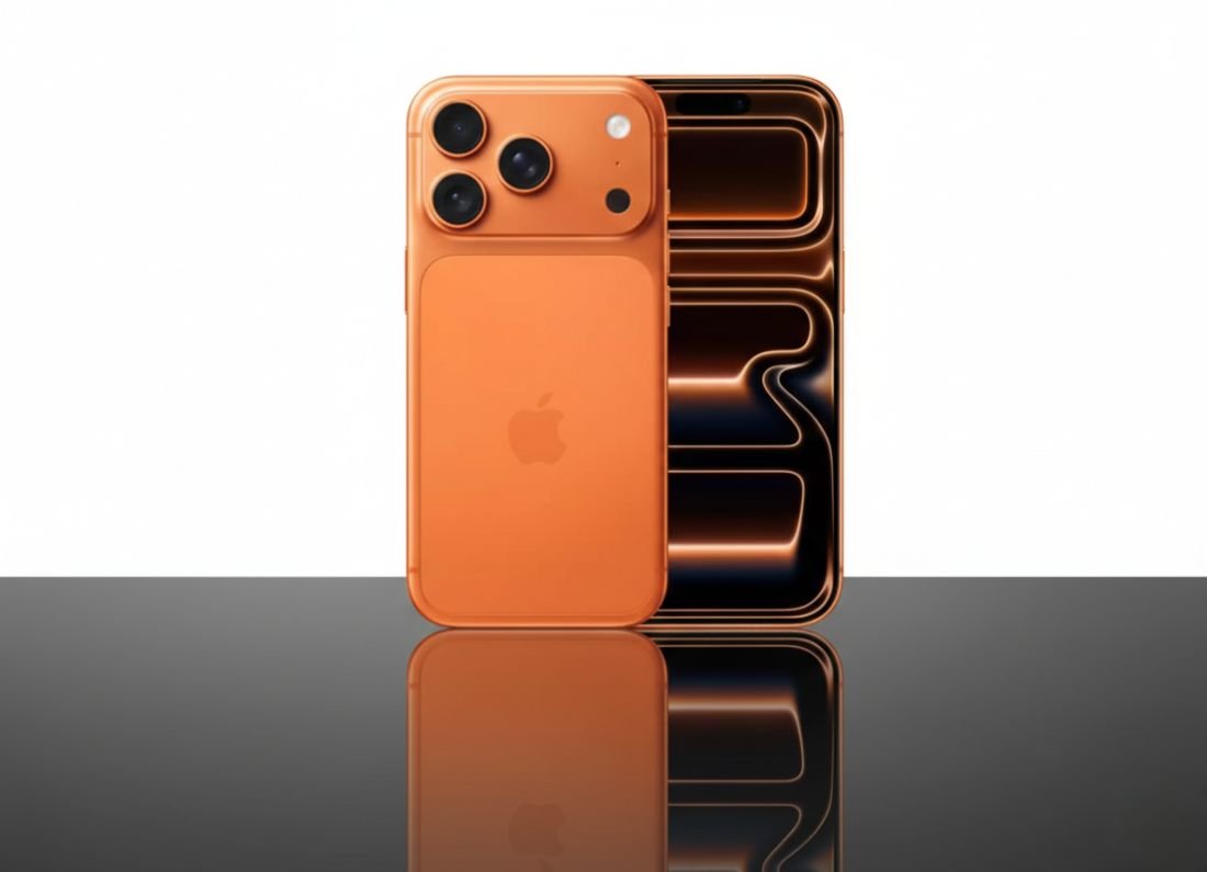 iPhone 17 Pro en color Naranja Cósmico mostrando diseño unibody de aluminio y módulo de cámaras Extended Plateau con triple sistema de 48MP y zoom óptico 8x