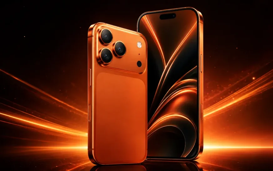 iPhone 17 Pro en color Naranja Cósmico: vista frontal y trasera con el sistema de triple cámara de 48 MP