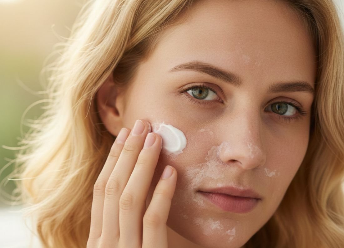 Mujer rubia aplicando crema hidratante facial blanca en mejilla para hidratar piel seca con textura nutritiva