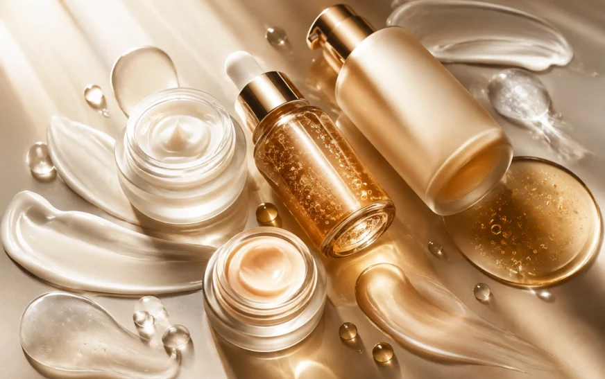 Texturas de cremas y sérums antiarrugas con retinol y ácido hialurónico sobre fondo elegante de cosmética.