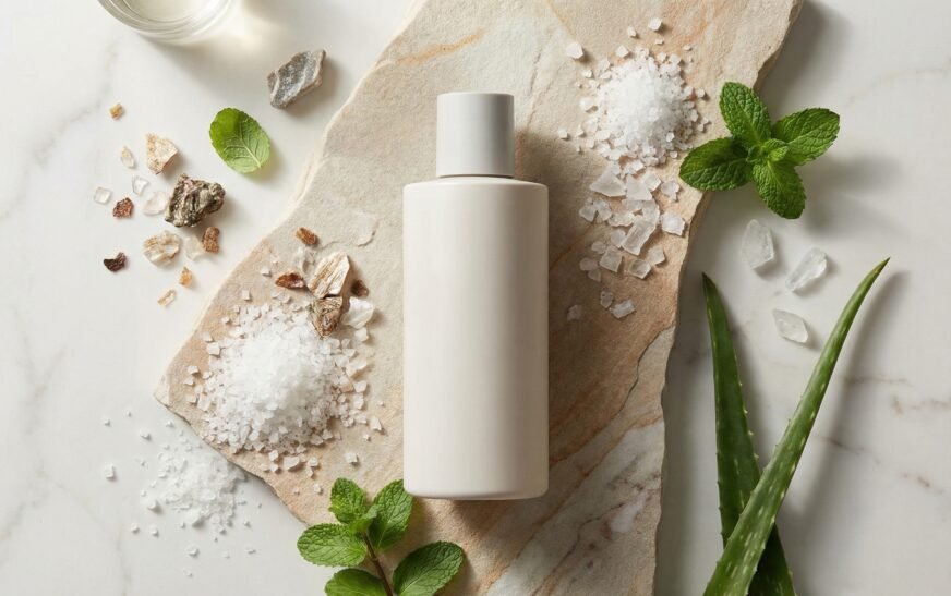 Champú anticaspa Mercadona Deliplus sobre superficie de mármol con ingredientes naturales como aloe vera y sal mineral