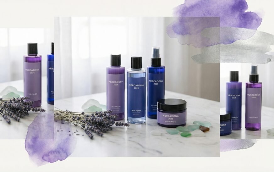 Gama completa matizador Silver Blond Deliplus Mercadona con champú violeta, tratamiento y productos antiamarillos sobre mármol con lavanda