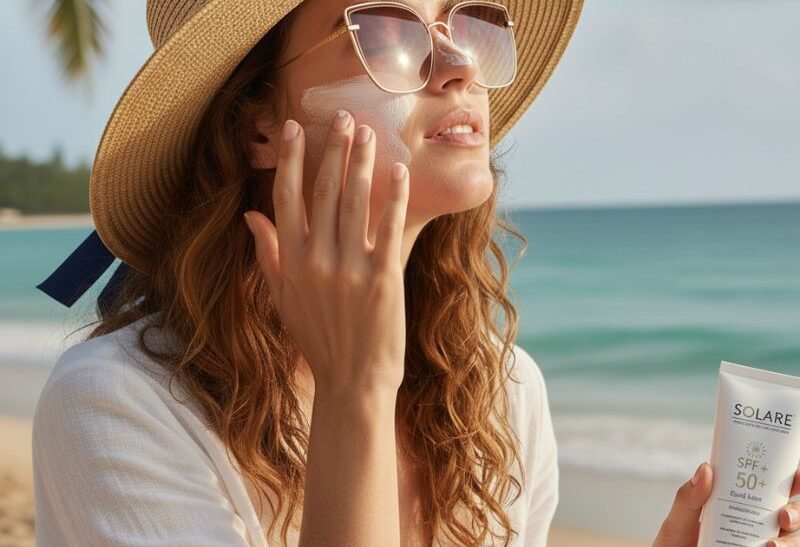 Mujer aplicando crema protector solar SPF 50 en el rostro en la playa, comparativa mejores protectores solares 2026