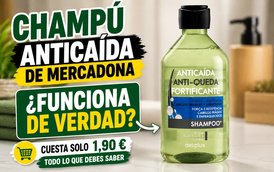 Bote del champú anticaída fortificante Deliplus de Mercadona con biotina, ácido salicílico y ginseng