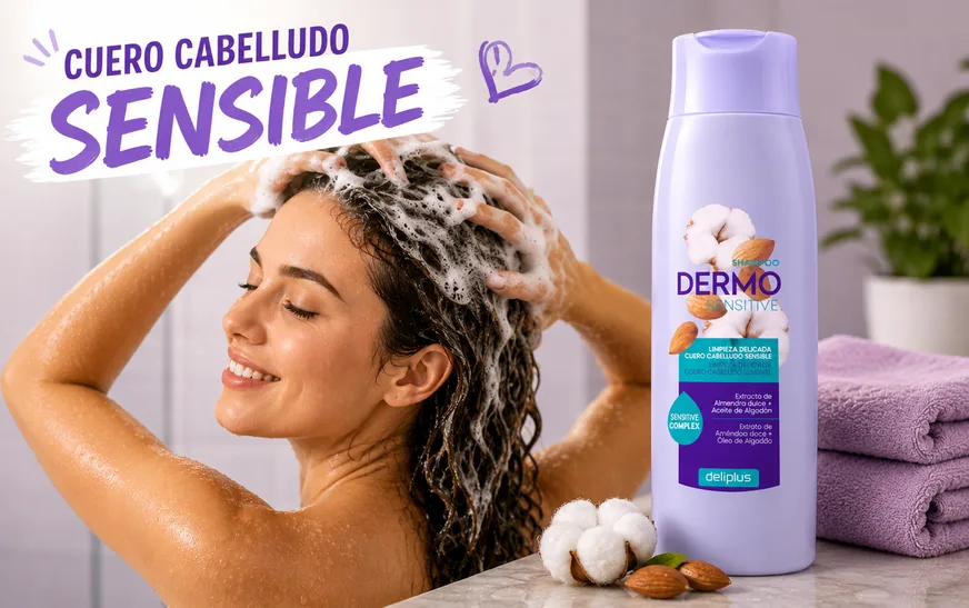 Bote del champú Dermo Sensitive Deliplus de Mercadona con extracto de almendra dulce y aceite de algodón