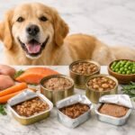 Golden retriever feliz junto a variedad de comida húmeda para perros en latas y bandejas rodeadas de ingredientes naturales como pollo, salmón, zanahorias y guisantes sobre mármol blanco