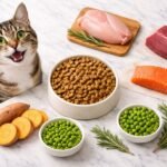 Gato atigrado junto a bol de pienso premium rodeado de ingredientes naturales como pollo, salmón, carne, boniato y guisantes sobre mármol blanco