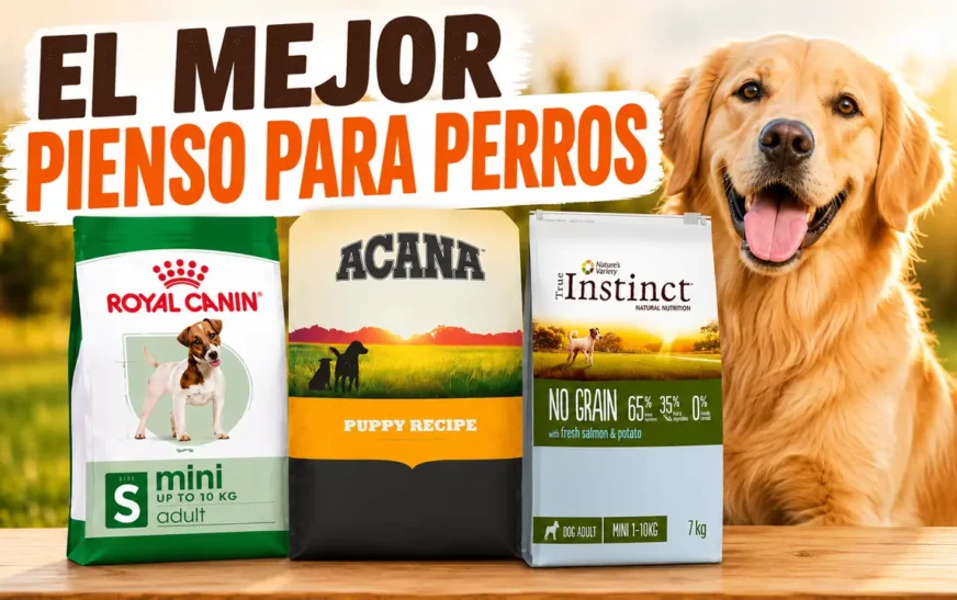 Comparativa de los mejores piensos para perros 2026: sacos de Royal Canin, Acana y True Instinct junto a un golden retriever