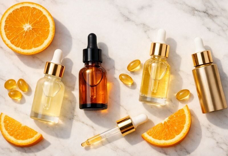 Comparativa de los mejores sérums con vitamina C sobre mármol blanco con naranjas y cápsulas