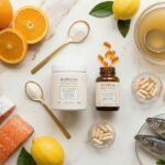 Suplementos de colágeno en polvo y cápsulas con salmón, pescado, naranjas, limones y caldo de huesos sobre mármol blanco