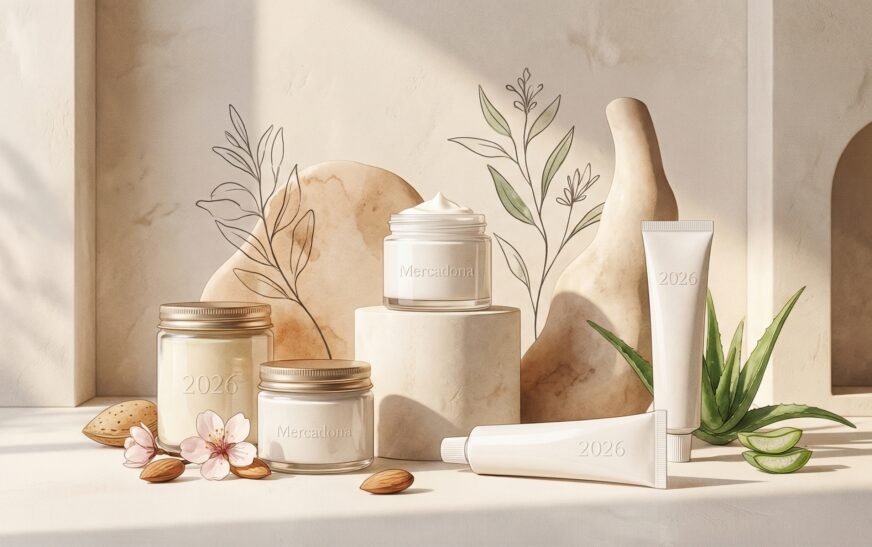 Selección de cremas hidratantes Deliplus Mercadona sobre fondo beige con elementos naturales