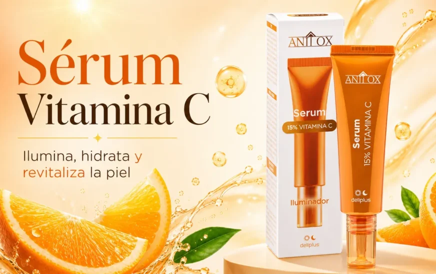 Sérum vitamina C Mercadona Deliplus Anti Ox 15% iluminador con envase naranja y aplicador, decorado con naranjas frescas