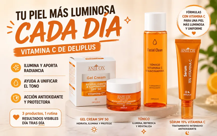 Gel Cream con FPS 50, tónico de vitamina C y niacinamida y sérum Anti Ox 15% de Deliplus, los tres productos con vitamina C de Mercadona