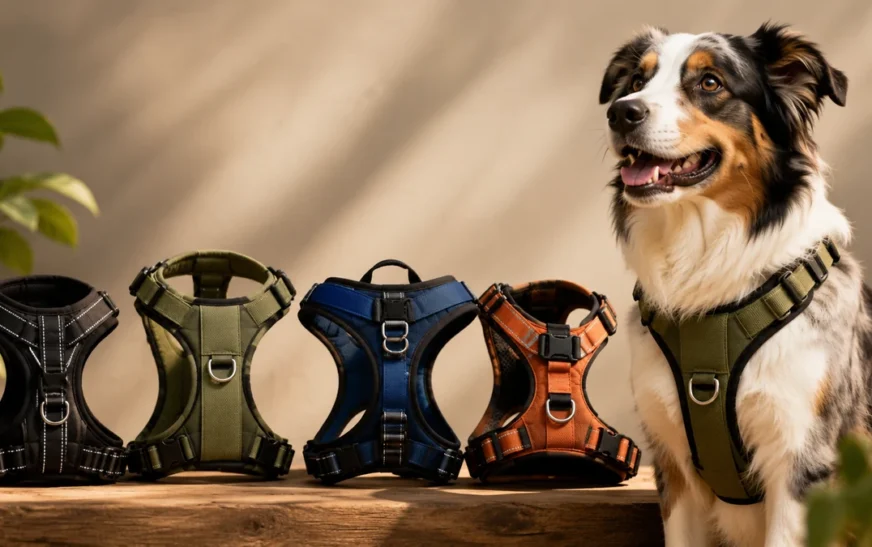 Cuatro arneses para perros de distintos colores sobre una mesa de madera y un pastor australiano con un arnés verde puesto