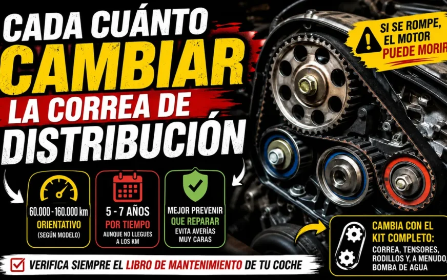 Correa de distribución de un motor con sus rodillos y tensores