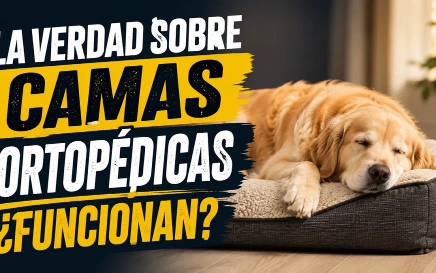 Golden retriever durmiendo en una cama ortopédica, con el rótulo «La verdad sobre camas ortopédicas: ¿funcionan?»