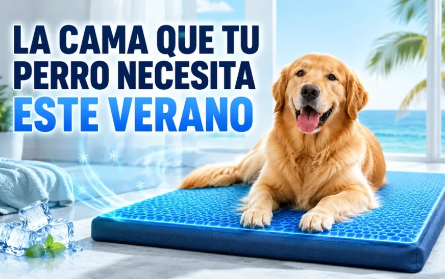 Perro tumbado en una cama refrescante para perros de gel azul en verano
