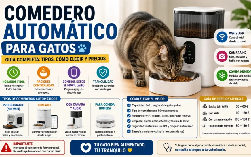 Gato comiendo de un comedero automático para gatos con tolva y cámara