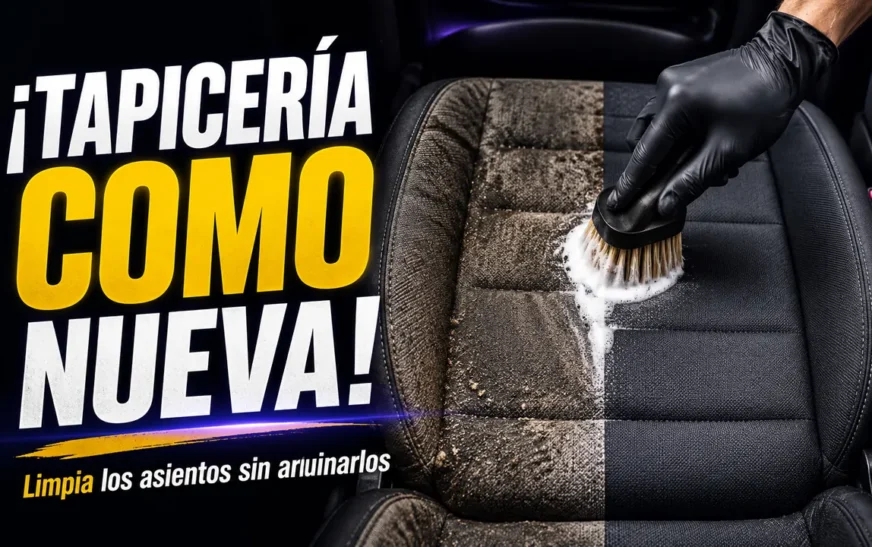Limpieza de la tapicería del coche con cepillo, antes y después