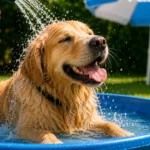 Perro refrescándose con agua en una piscina en verano