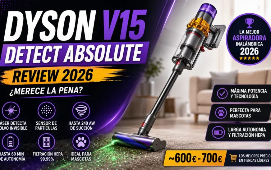 Aspiradora sin cable Dyson V15 Detect Absolute con láser verde y cabezal para mascotas en un salón