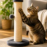 Gato usando un rascador de sisal en vez de arañar el sofá