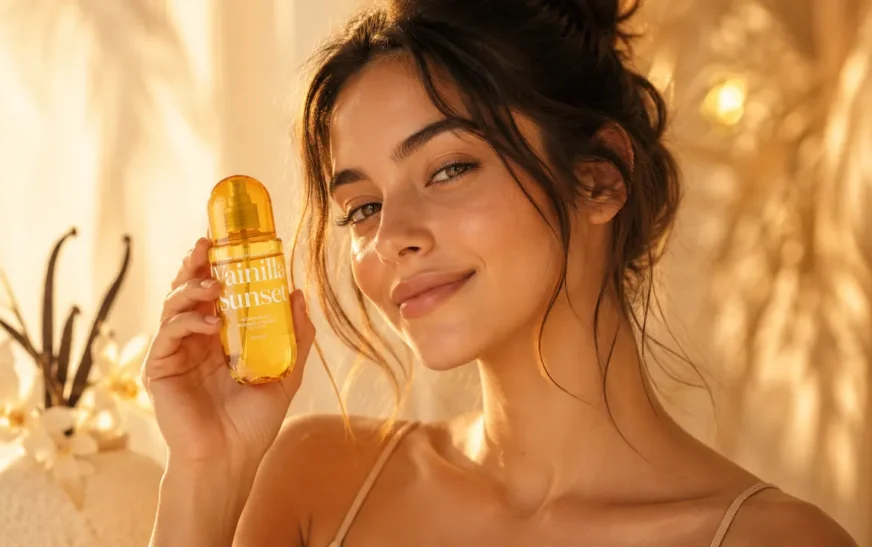 Mujer sosteniendo la bruma Vainilla Sunset de Mercadona, una colonia de vainilla dulce