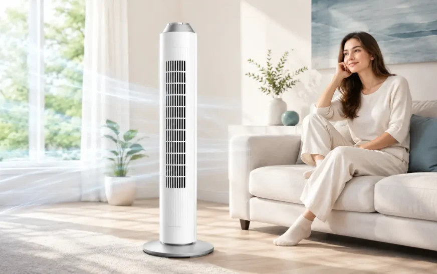 Mujer relajada en el sofá junto a un ventilador de torre silencioso blanco