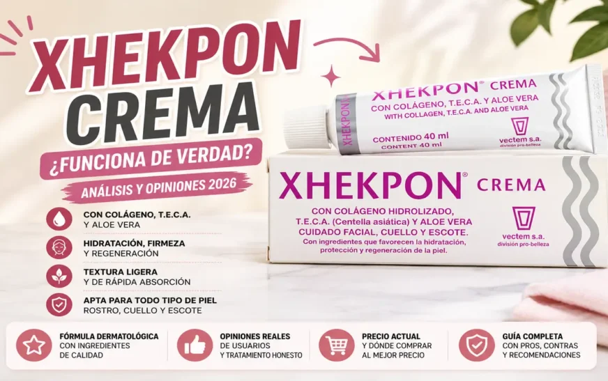 Crema Xhekpon 40 ml con colágeno hidrolizado, TECA y aloe vera: tubo y caja sobre fondo claro