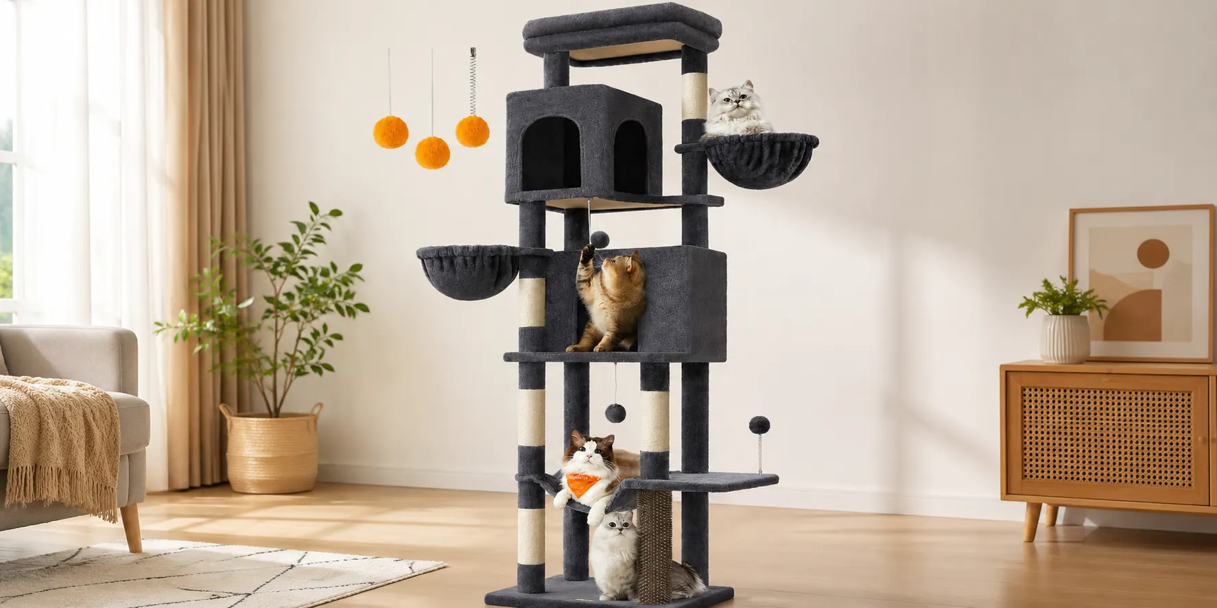 Torre rascadora alta de varios niveles para gatos grandes