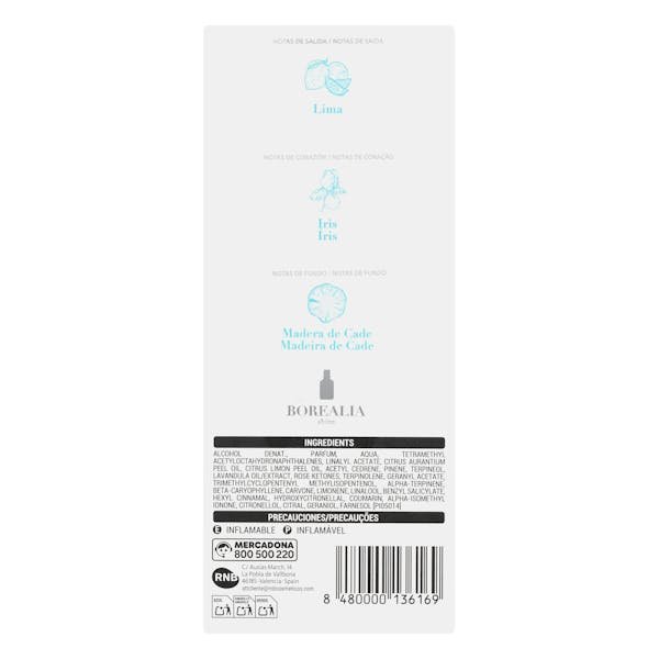 Notas de salida, corazón y fondo impresas en la caja del eau de parfum hombre Borealia Shine de Mercadona