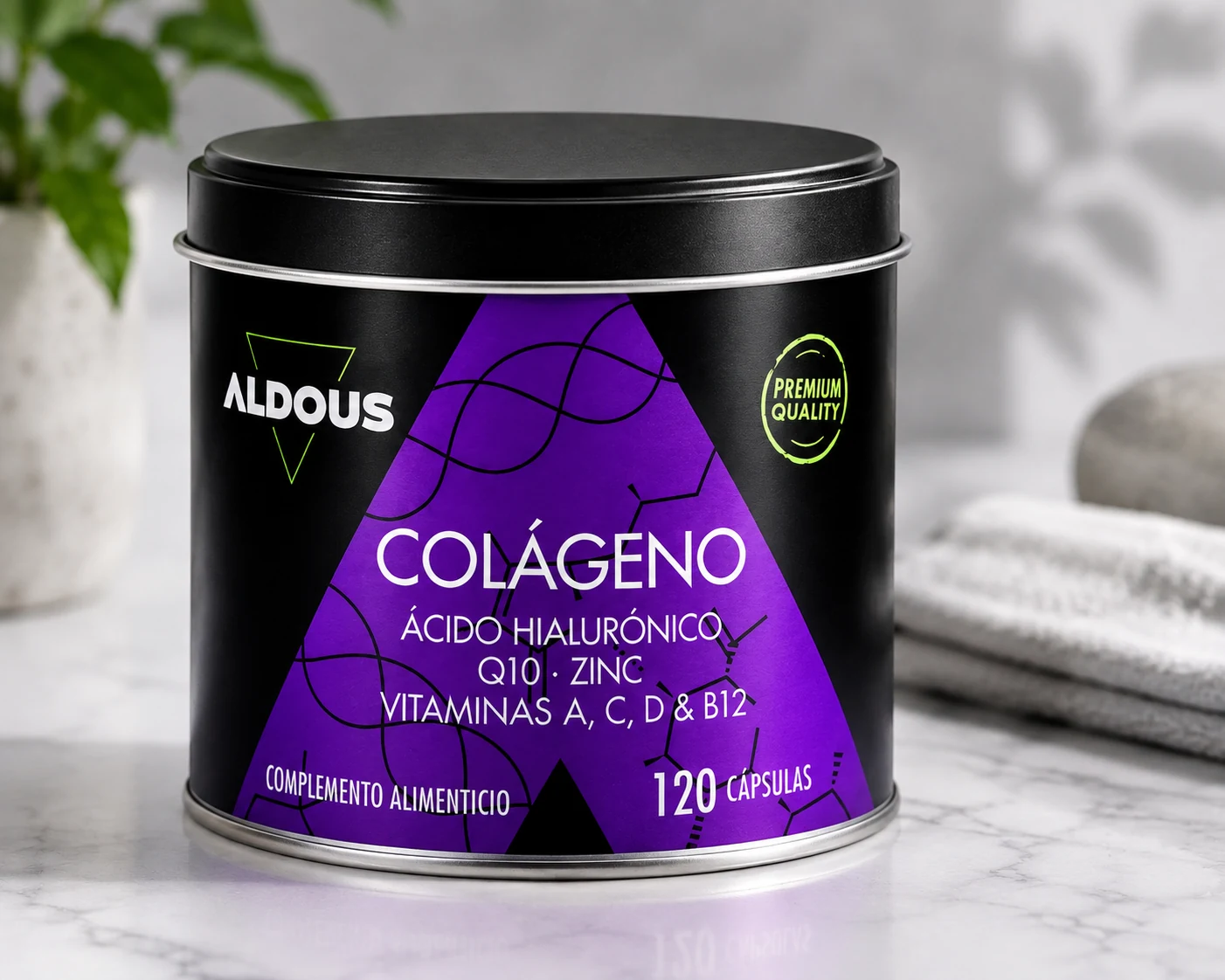 Aldous Colágeno Hidrolizado con ácido hialurónico, coenzima Q10 y zinc, bote de 120 cápsulas