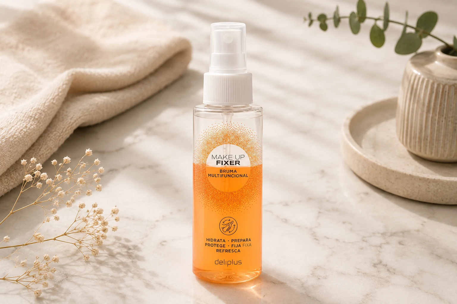 Bruma facial bifásica multifuncional Make Up Fixer Deliplus de Mercadona, frasco de 100 ml
