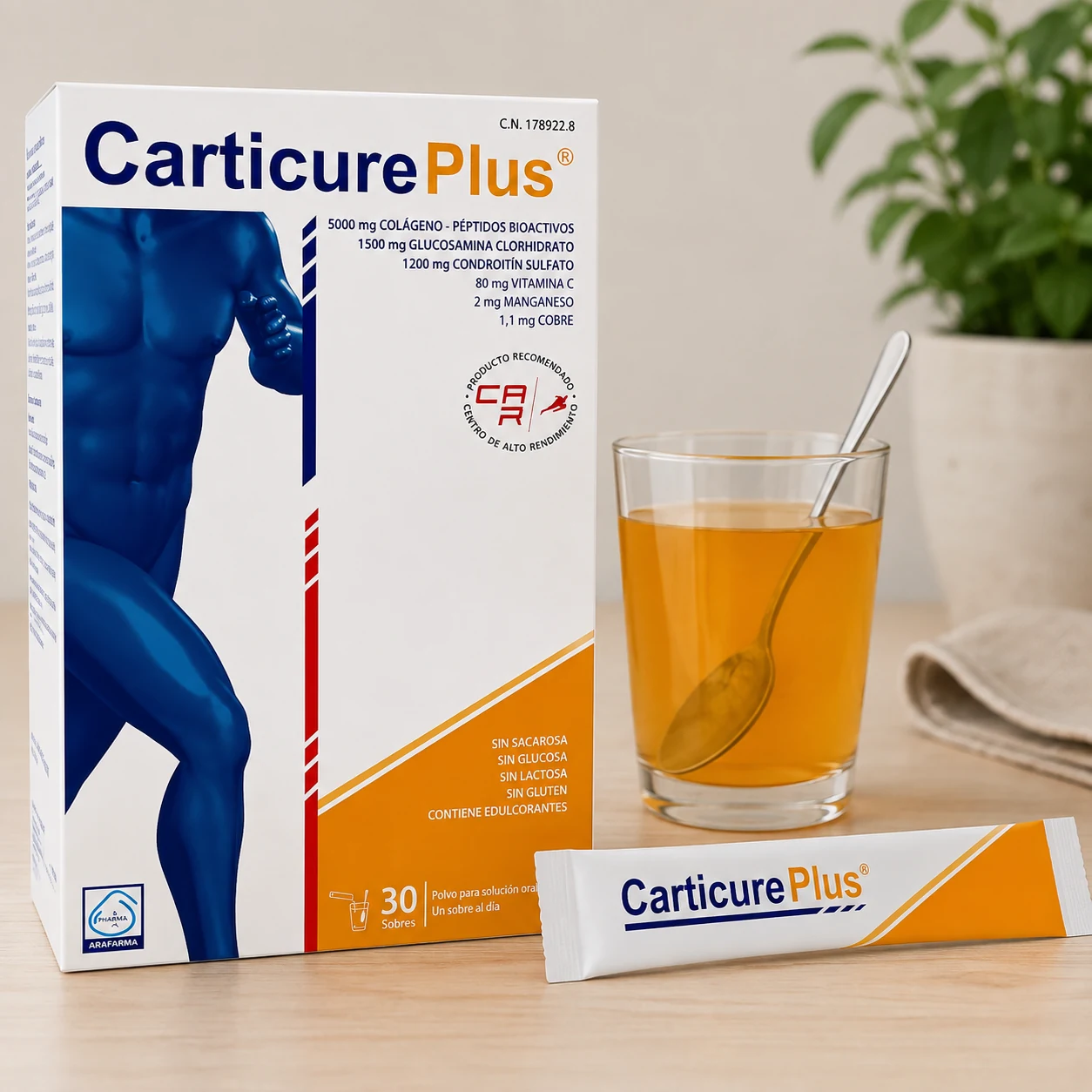 Carticure Plus Polvo, caja de 30 sobres con glucosamina, condroitina y colágeno