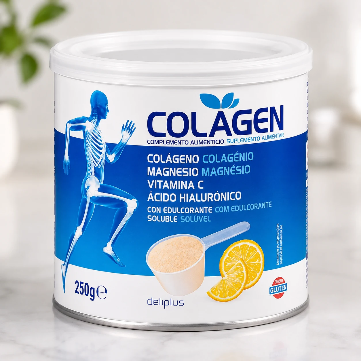 Colágeno soluble Colagen Deliplus de Mercadona con magnesio, vitamina C y ácido hialurónico, bote de 250 g
