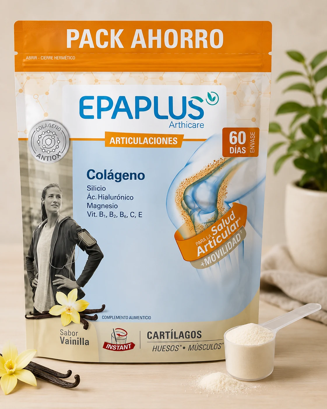 Epaplus Arthicare Colágeno Hidrolizado 10 g Antiox sabor vainilla, envase de 60 días