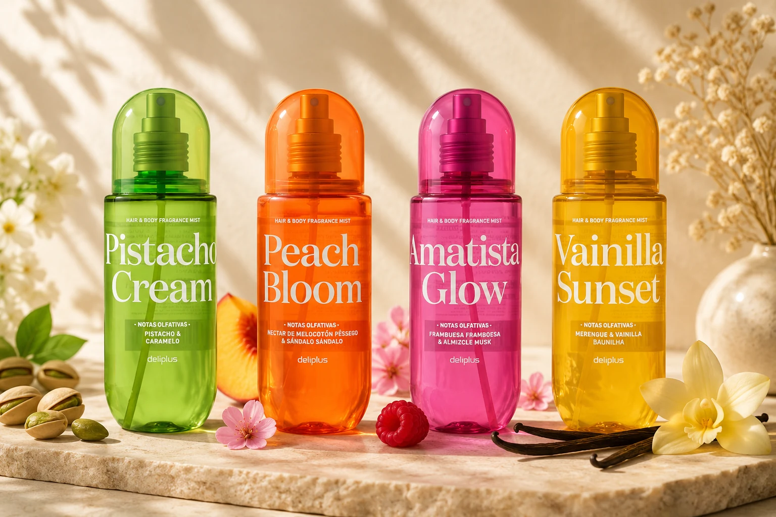 Brumas corporales Fragancia Mist de Deliplus en Mercadona: Pistacho Cream, Peach Bloom, Amatista Glow y Vainilla Sunset