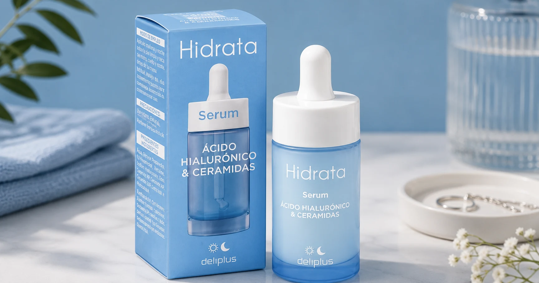 Sérum facial con ácido hialurónico y ceramidas Deliplus Hidrata de Mercadona, frasco de 30 ml