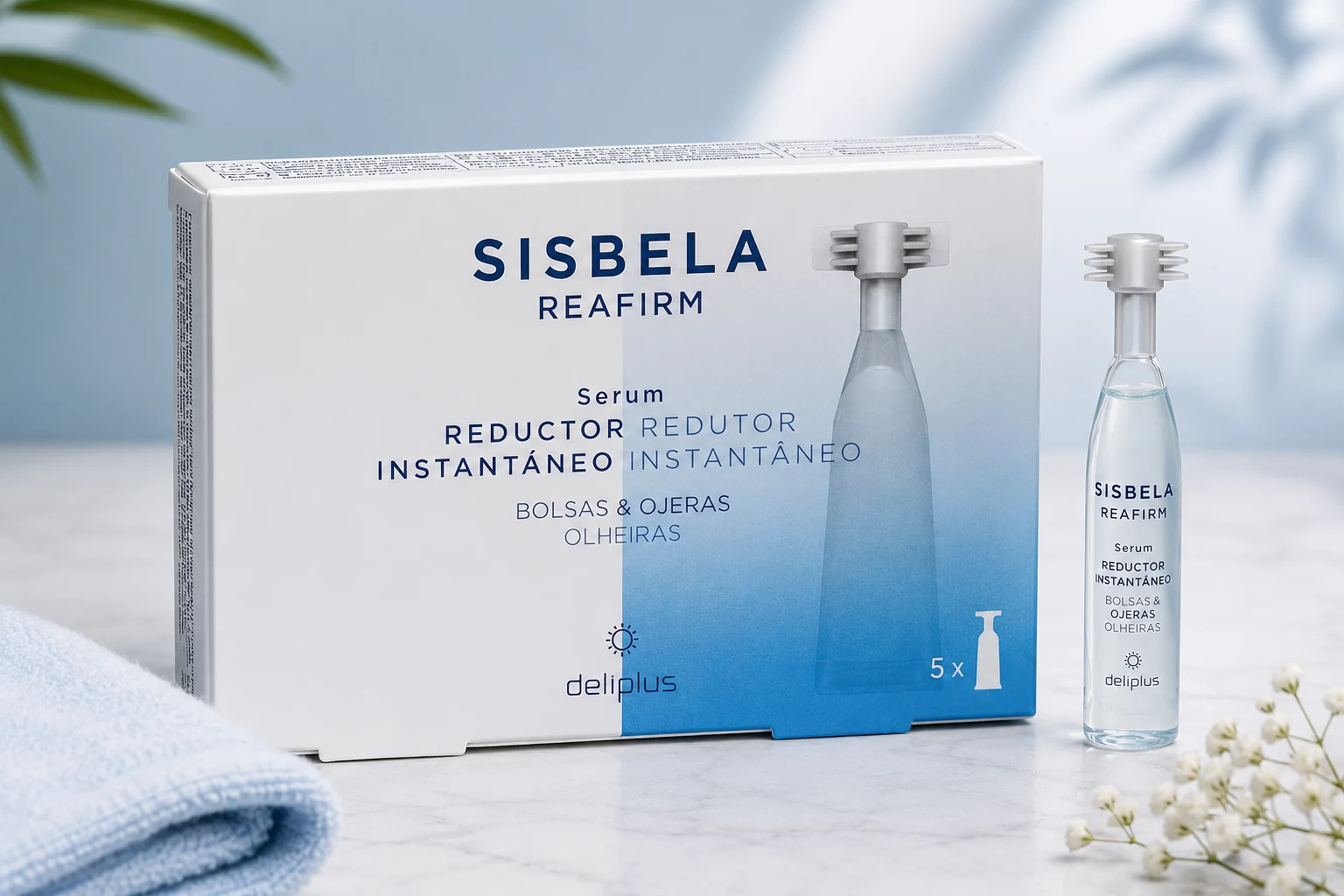 Sérum reductor instantáneo de bolsas y ojeras Sisbela Reafirm Deliplus de Mercadona, caja de 5 ampollas