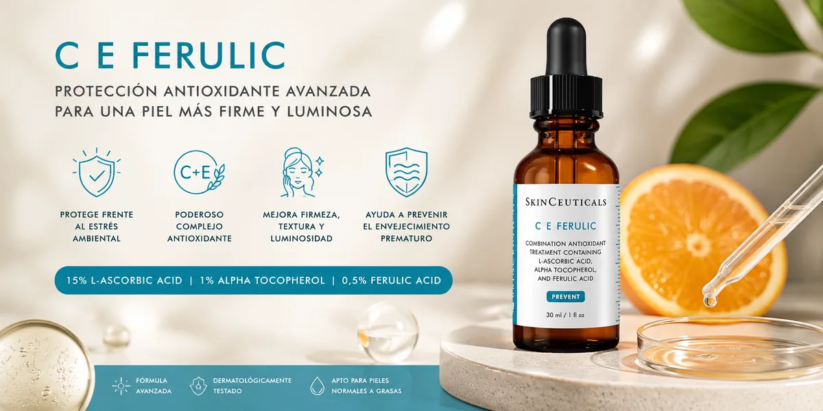 Sérum SkinCeuticals CE Ferulic con 15% de ácido L-ascórbico, 1% de alfa-tocoferol y 0,5% de ácido ferúlico