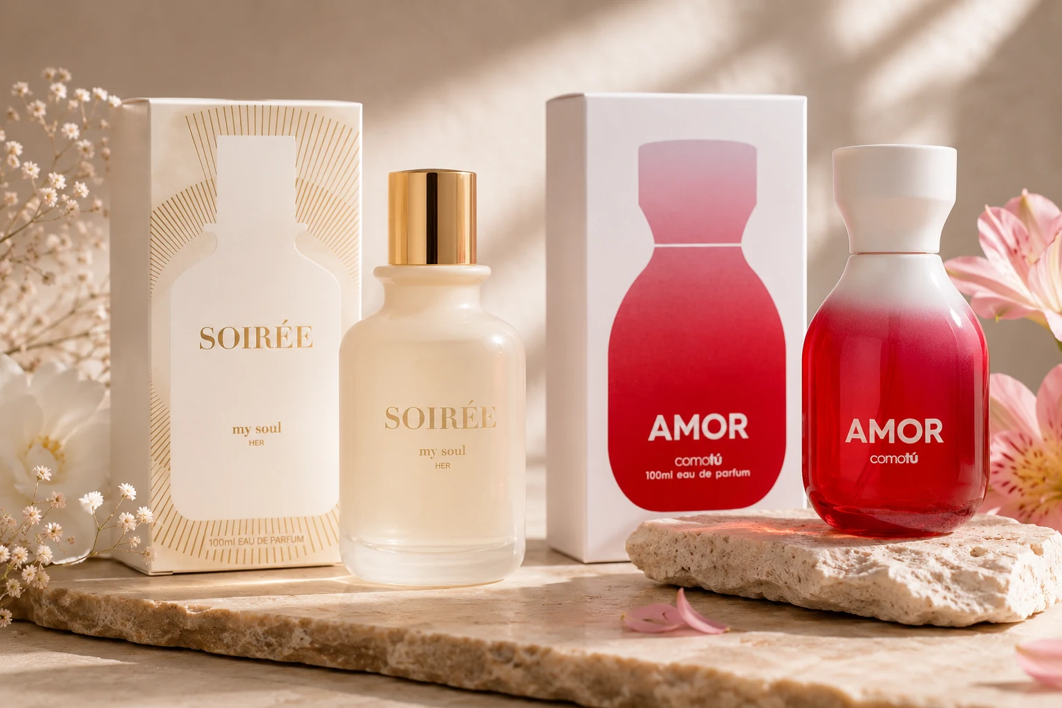 Notas de salida, corazón y fondo impresas en las cajas de Soirée My Soul y Como Tú Amor de Mercadona