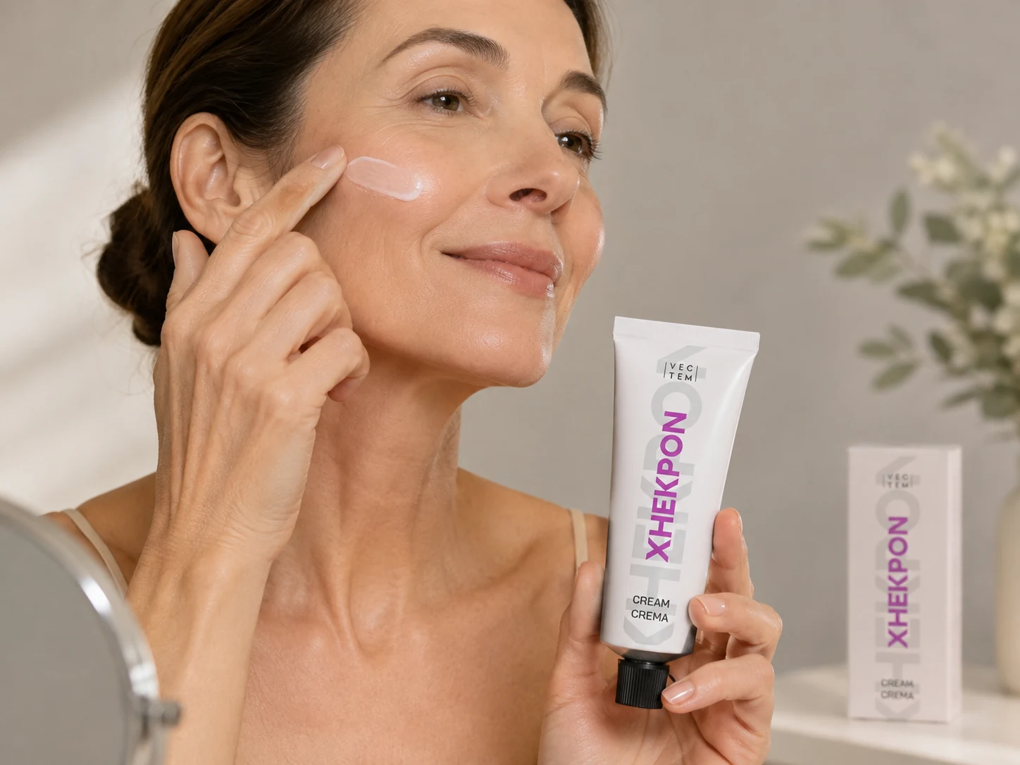 Aplicación de la crema Xhekpon en rostro y cuello con masaje ascendente