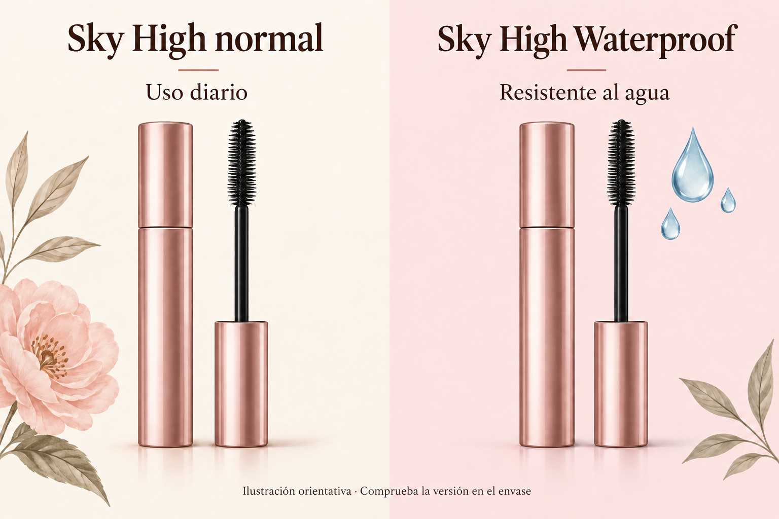 Ilustración comparativa de Sky High normal y waterproof con envases genéricos