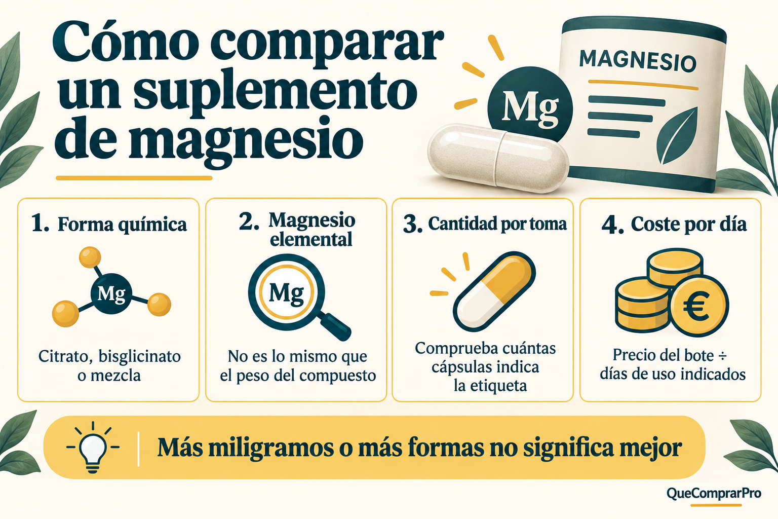 Cómo comparar magnesio: forma química, cantidad elemental, cápsulas por toma y coste diario